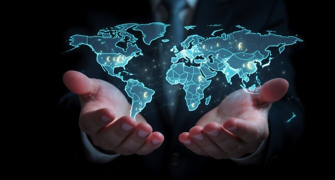 Global Finance Concept Person Holding Illuminated World Map with Currency Symbols