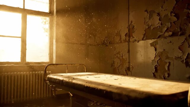 Dilapidated room with bed, peeling paint, and sunlight through window