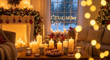 Candles glow warmly in cozy living room during christmas evening, creating a festive and peaceful atmosphere with decorations and soft lighting.