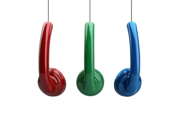 Suspended, simple, vibrant red, green and blue overhead headphones