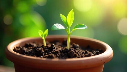 Vibrant green sprouts emerging from rich soil in a rustic terracotta pot, bathed in soft indoor sunlight Perfect for gardening, home decor, and plant-based content , germination, earth, vibrant