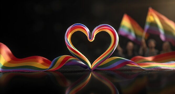 Heart-shaped ribbon and rainbow flags for pride, diversity, and LGBTQ concepts