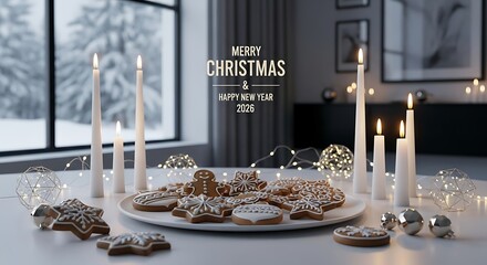 Gingerbread cookies and candles sit on a table in a cozy room during christmas time, creating a warm and festive atmosphere.