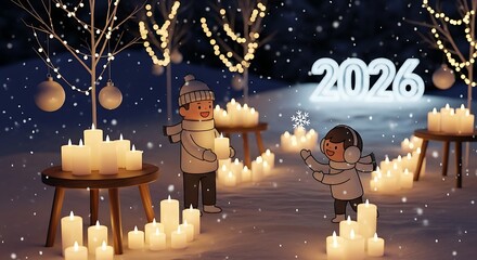 Two children playing in snowy landscape with candles and lights celebrate the upcoming year 2026 with joy and excitement, creating a festive atmosphere.