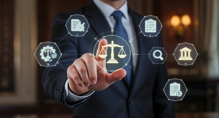 Legal technology concept with businessperson and digital icons