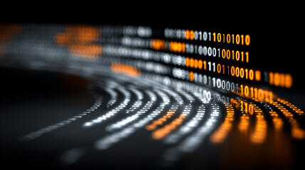 Gold, silver, and white binary code streams along a glowing digital road, symbolizing data transmission, connectivity, and futuristic technology in a dynamic abstract concept.