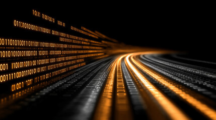 Gold, silver, and white binary code streams along a glowing digital road, symbolizing data transmission, connectivity, and futuristic technology in a dynamic abstract concept.