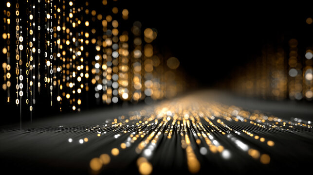 Gold, silver, and white binary code streams along a glowing digital road, symbolizing data transmission, connectivity, and futuristic technology in a dynamic abstract concept. - Powered by Adobe