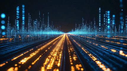 Gold, silver, and white binary code streams along a glowing digital road, symbolizing data transmission, connectivity, and futuristic technology in a dynamic abstract concept.