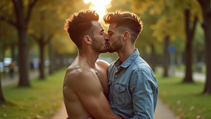 Embrace of Tomorrow - Sensuous Gay Kiss in a Sunlit Park