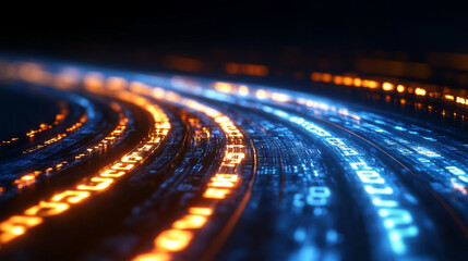 Gold, silver, and white binary code streams along a glowing digital road, symbolizing data transmission, connectivity, and futuristic technology in a dynamic abstract concept.