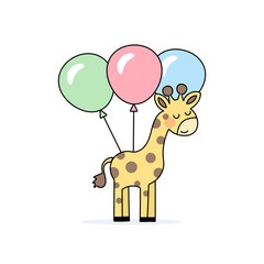 Adorable yellow giraffe holding colorful balloons perfect for kids illustrations, nursery posters, greeting cards and baby room decor