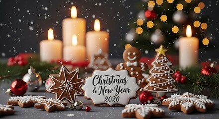Gingerbread cookies and candles create a festive Christmas and New Year's Eve atmosphere on a gray surface with a decorated tree in the soft bokeh light.