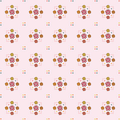 Cute cartoon square shape colorful cozy fall and flowers emblem modern retro pattern on soft pink design element background