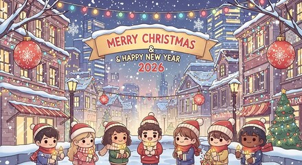 Children celebrate christmas in snowy town square with festive decorations and twinkling lights creating a magical and joyful atmosphere.