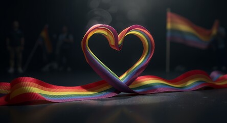 Rainbow Heart and Ribbon with Pride Flag in the Background