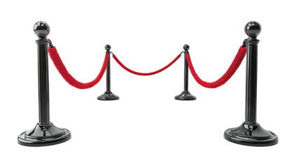 Velvet rope barrier with two posts and red rope, isolated on black