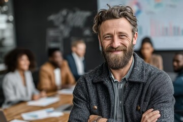 Confident leader smiling in a modern office setting amidst a collaborative team meeting