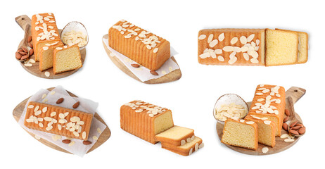 Delicious cake with almond flakes isolated on white, set