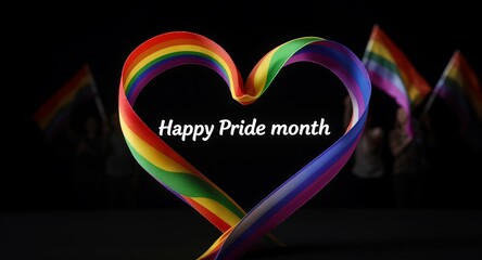Rainbow Ribbon Heart with Happy Pride Month on a Black Background