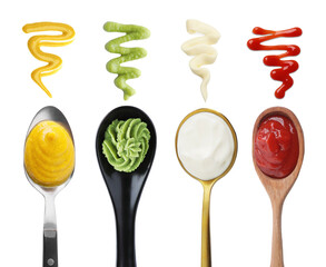 Ketchup, mayonnaise, wasabi and mustard isolated on white, collage