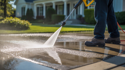 A close-up photograph of pressure washing a concrete driveway.