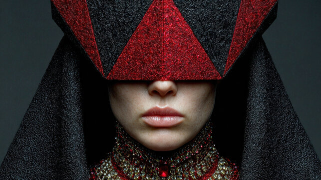 Close up portrait of a fashion model wearing a glittering hood and ornate neckpiece, geometric red and black diamonds frame the face, soft lighting highlights texture and delicate shadows.