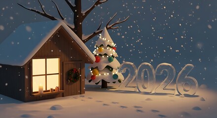 Cozy cabin glows warmly beside christmas tree in snowy landscape with 2026 ice sculpture, evoking feelings of holiday cheer and anticipation.