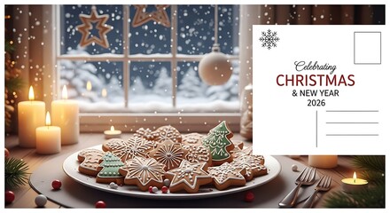 Christmas cookies sit on a plate by a window in a cozy home, with snow falling outside creating a festive and warm holiday atmosphere.