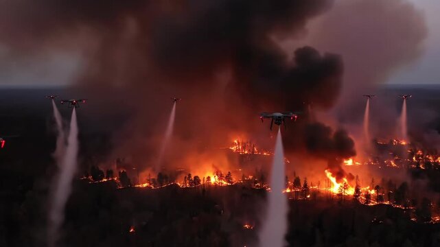 Drones suppress flames with water above burning forest landscape