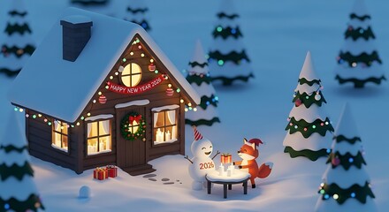 Fox and snowman celebrate christmas with hot drinks outside cozy cabin in snowy forest, creating a warm and festive winter scene.