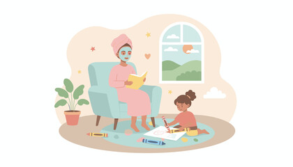Woman relaxes with face mask and book as child draws Cozy home selfcare and family time