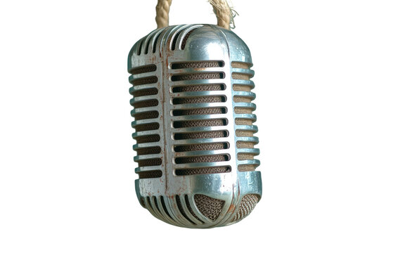 Vintage microphone hanging by rope, silver and brown, against black