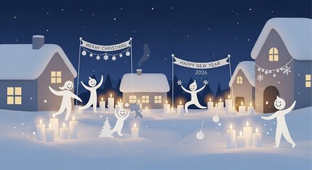 Children celebrate christmas in snowy village with candles and banners under starry night sky, creating a magical and festive atmosphere.