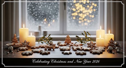 Gingerbread cookies and candles sit on a table in front of a window with snow falling outside, creating a cozy and festive Christmas atmosphere.