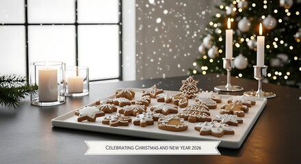 Christmas cookies arranged on tray near lit candles and decorated tree create cozy holiday atmosphere in softly lit room during snowfall.