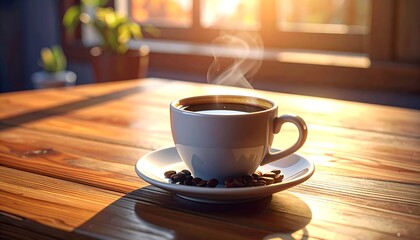 Obraz premium Warm coffee cup on a wooden table, sunlight shining through