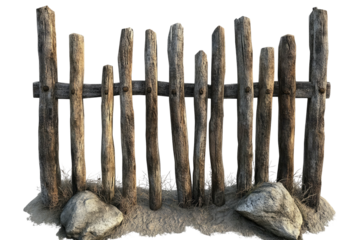 Rustic wooden fence, rough-hewn posts, with dirt and stones at the base