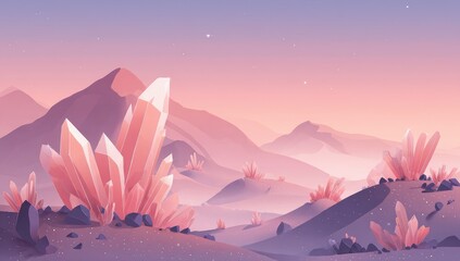 Pastel-colored landscape with large, pink crystals