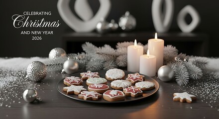 Christmas cookies displayed on a plate with candles and decorations on a table create a festive and cozy atmosphere for the holidays.