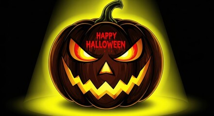 Spooky jack o lantern with glowing eyes and happy halloween text on a dark background