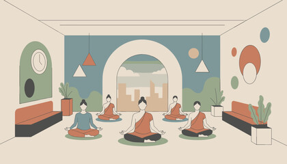 Group meditation in a modern studio promoting peace wellness and mindful living