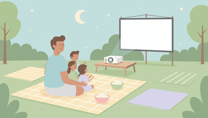 Family enjoying an outdoor movie night with popcorn in the park Leisure fun and bonding
