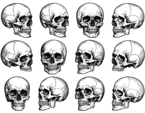 Twelve black and white human skulls
