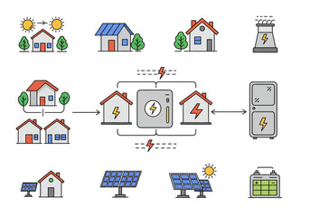 Sustainable Energy Homes Powered by Solar Panels, Connected to Grid, Illustrating Green Living