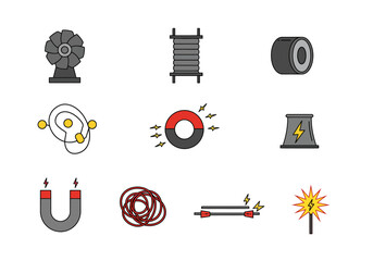Diverse Energy Source Icons Cooling Fan, Nuclear Plant, Magnet, Sparkler & Electrical Components