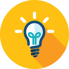 An illustration of a bright idea represented by a glowing light bulb on a yellow circular bacty