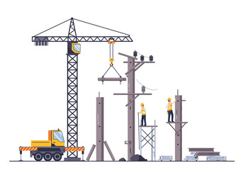 Construction Scene with Crane and Utility Pole Installation