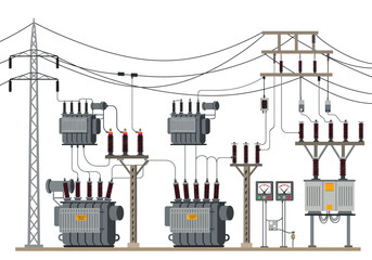 Electrical Substation Illustration Power Transmission and Distribution System