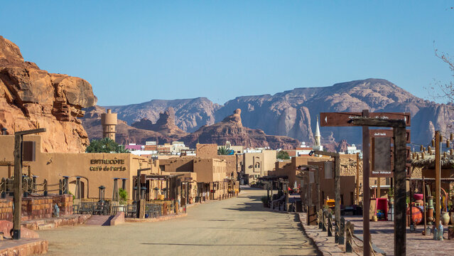 Alula, Saudi Arabia, April 3, 2024. View of Alula old town in a sunny day during Ramadan with the rock mountains at the background.